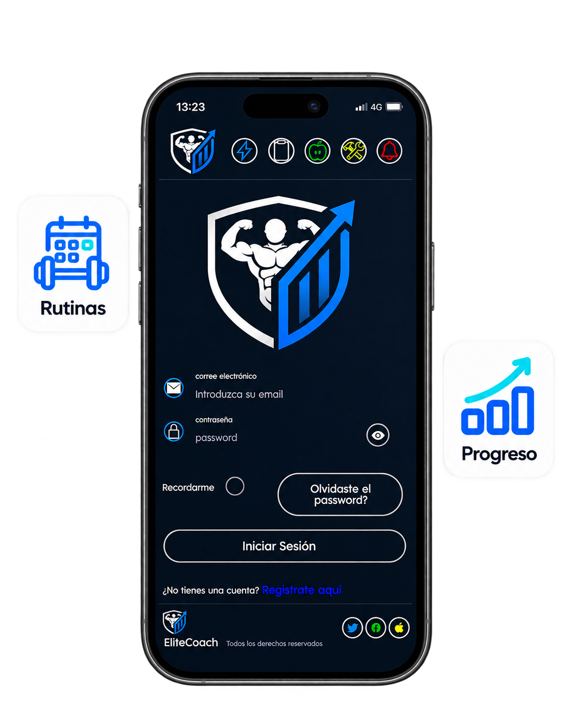 Aplicación Elite Coach con accesos a rutinas y seguimiento del progreso